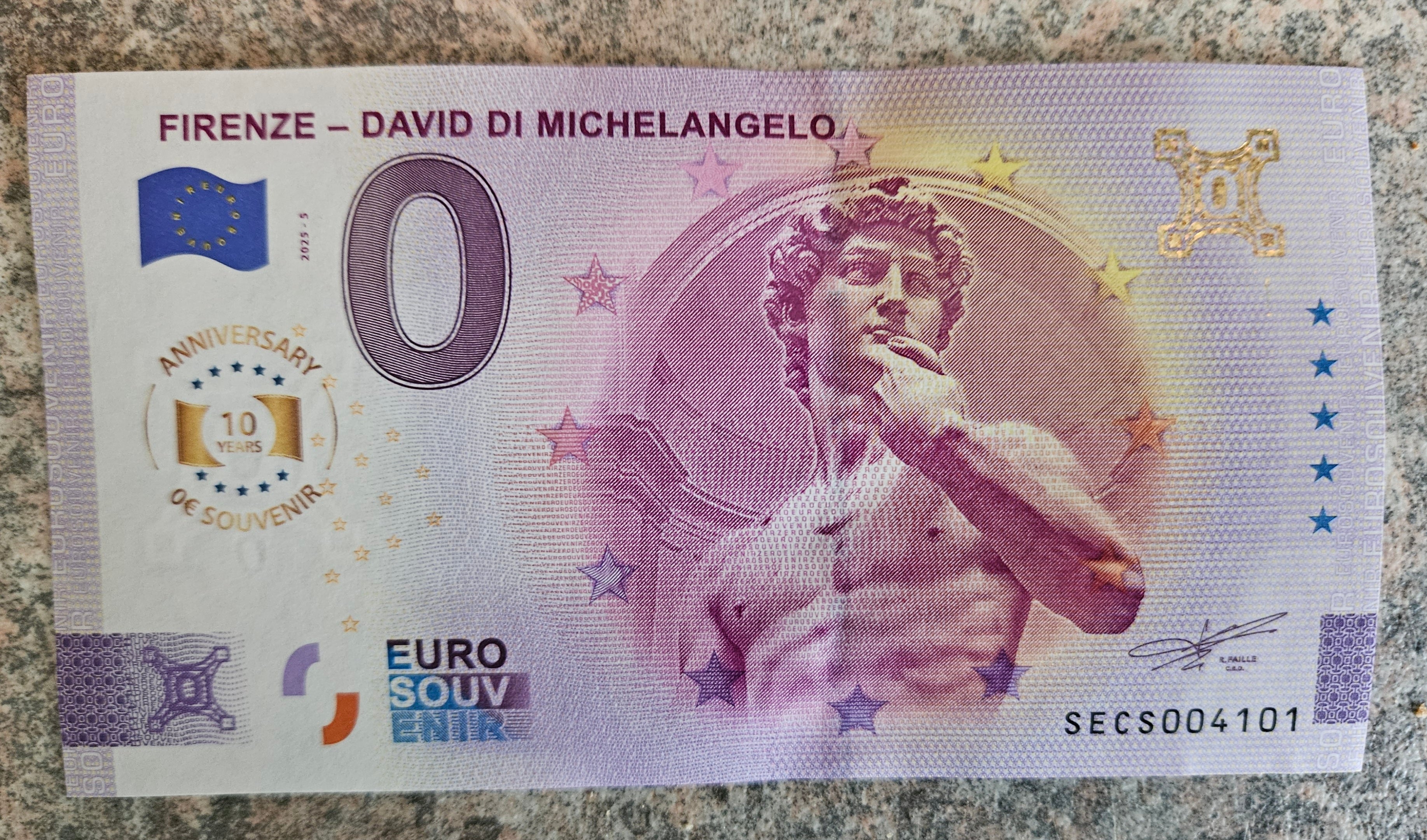 0 Euro Schein Firenze - David di Michelangelo SECS 2025-5 Anniversary