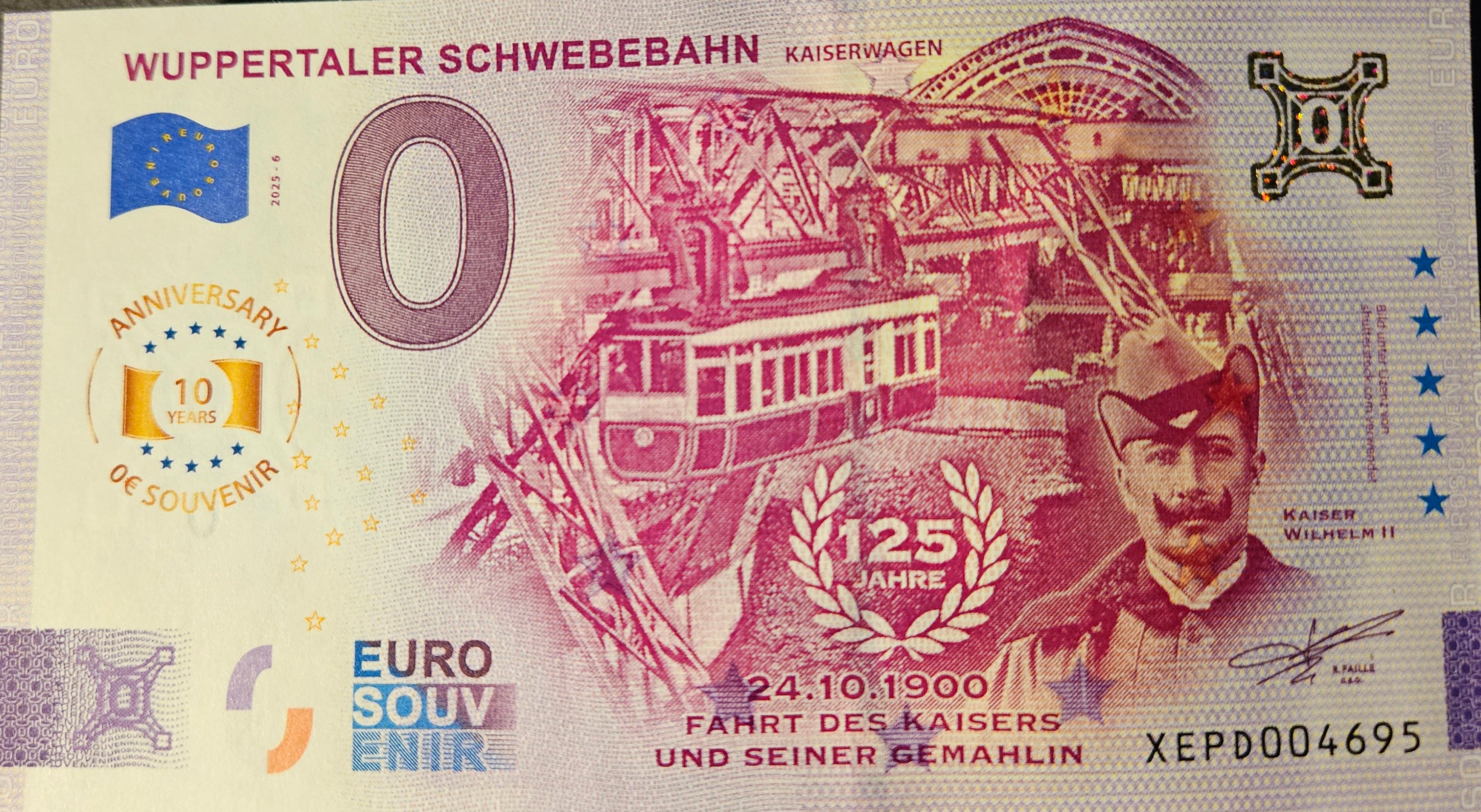 0 Euro Schein Wuppertaler Schwebebahn Kaiserwagen XEPD 2025-6 Anniversary