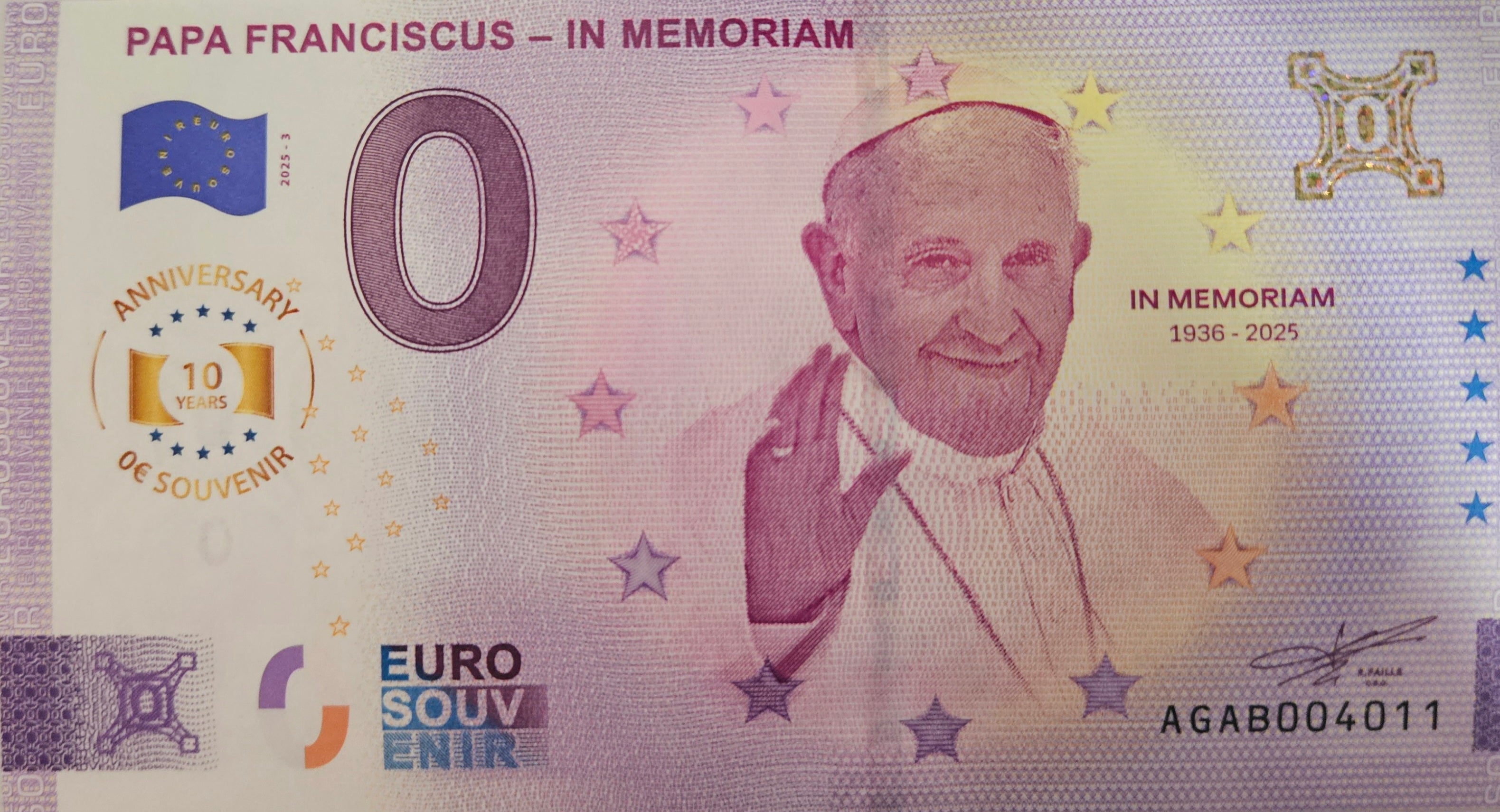 0 Euro Schein Papa Franciscus - In Memoriam AGAB 2025-3 Anniversary