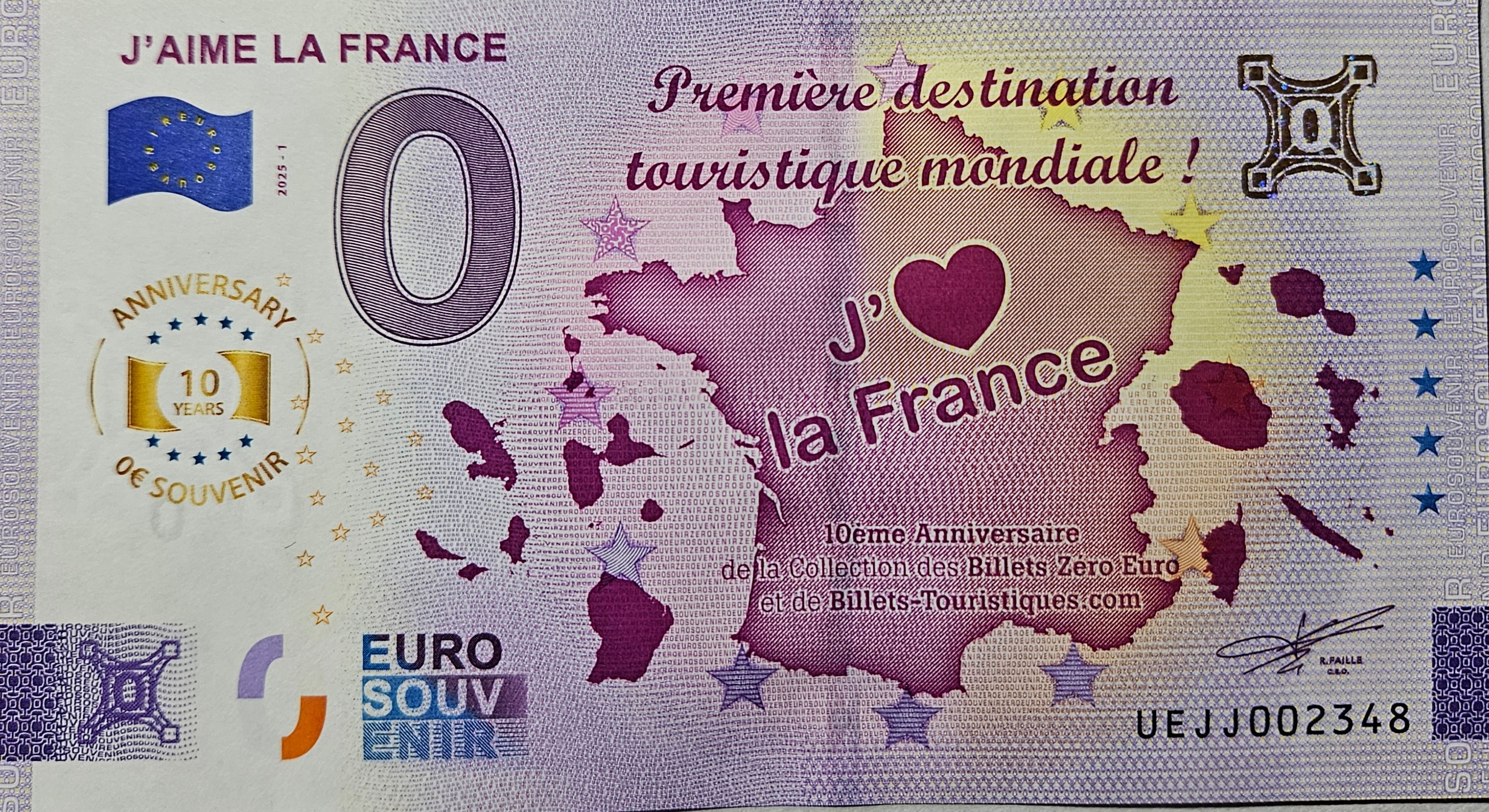 0 Euro Schein J'aime la France UEJJ 2025-1 Anniversary